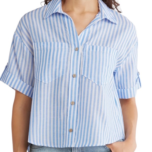Jason Wu Tops - Jason Wu Womens Blue White Striped Linen Blend Button Up Shirt Short Sleeve Sz S